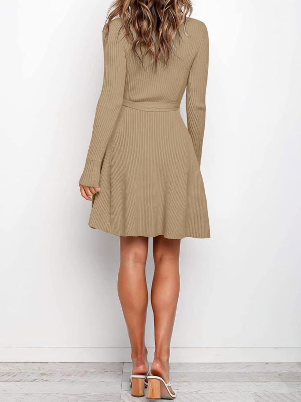 ANRABESS Women's Long Sleeve Midi Dress Crewneck Tie Waist A-Line Swing Casual Bodycon Ribbed Knit 2025 Fall Sweater Dress - Image 74