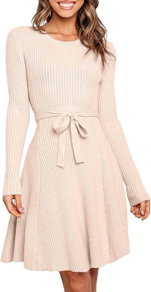 ANRABESS Women's Long Sleeve Midi Dress Crewneck Tie Waist A-Line Swing Casual Bodycon Ribbed Knit 2025 Fall Sweater Dress - Image 77