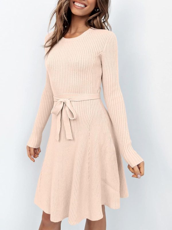 ANRABESS Women's Long Sleeve Midi Dress Crewneck Tie Waist A-Line Swing Casual Bodycon Ribbed Knit 2025 Fall Sweater Dress - Image 78