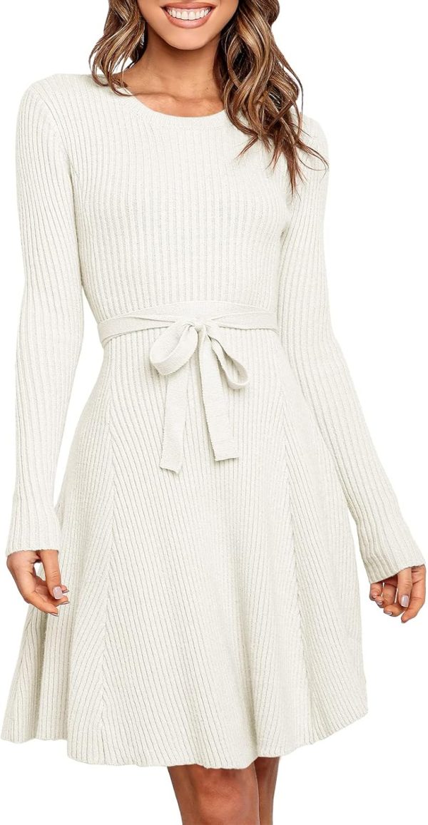 ANRABESS Women's Long Sleeve Midi Dress Crewneck Tie Waist A-Line Swing Casual Bodycon Ribbed Knit 2025 Fall Sweater Dress - Image 83