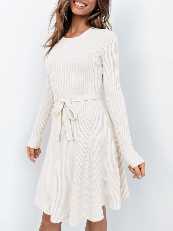 ANRABESS Women's Long Sleeve Midi Dress Crewneck Tie Waist A-Line Swing Casual Bodycon Ribbed Knit 2025 Fall Sweater Dress - Image 84