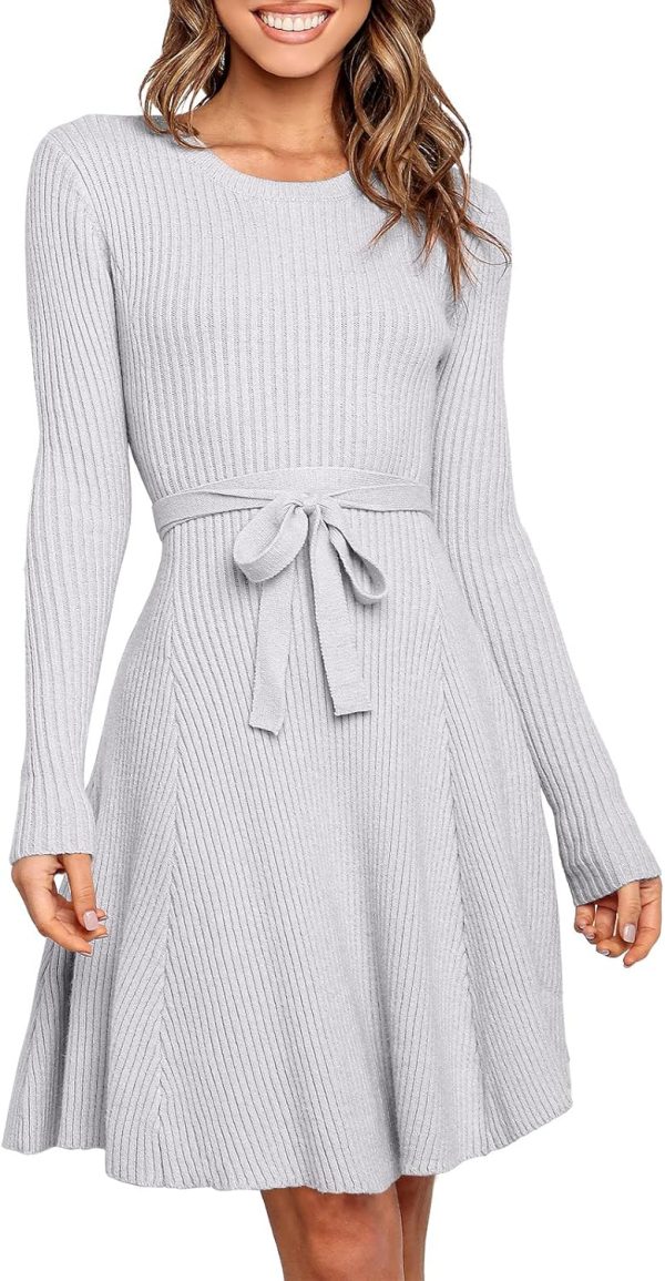 ANRABESS Women's Long Sleeve Midi Dress Crewneck Tie Waist A-Line Swing Casual Bodycon Ribbed Knit 2025 Fall Sweater Dress - Image 89