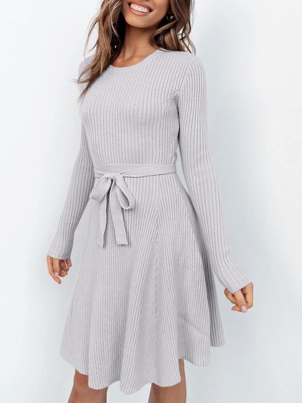 ANRABESS Women's Long Sleeve Midi Dress Crewneck Tie Waist A-Line Swing Casual Bodycon Ribbed Knit 2025 Fall Sweater Dress - Image 90