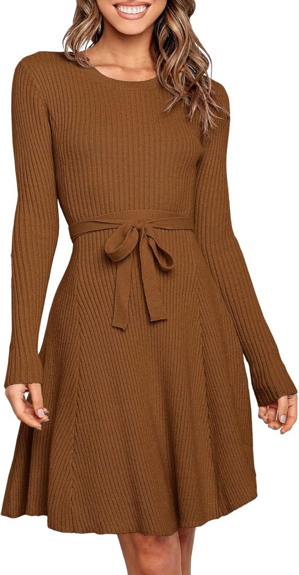 ANRABESS Women's Long Sleeve Midi Dress Crewneck Tie Waist A-Line Swing Casual Bodycon Ribbed Knit 2025 Fall Sweater Dress - Image 95