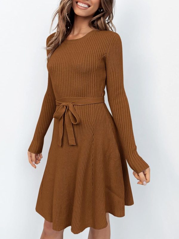 ANRABESS Women's Long Sleeve Midi Dress Crewneck Tie Waist A-Line Swing Casual Bodycon Ribbed Knit 2025 Fall Sweater Dress - Image 96