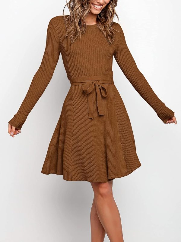 ANRABESS Women's Long Sleeve Midi Dress Crewneck Tie Waist A-Line Swing Casual Bodycon Ribbed Knit 2025 Fall Sweater Dress - Image 97