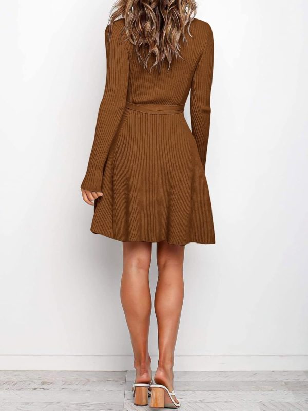ANRABESS Women's Long Sleeve Midi Dress Crewneck Tie Waist A-Line Swing Casual Bodycon Ribbed Knit 2025 Fall Sweater Dress - Image 98
