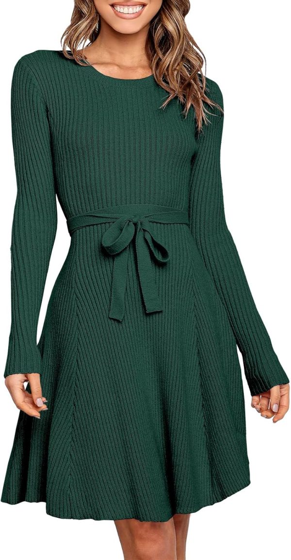 ANRABESS Women's Long Sleeve Midi Dress Crewneck Tie Waist A-Line Swing Casual Bodycon Ribbed Knit 2025 Fall Sweater Dress - Image 101