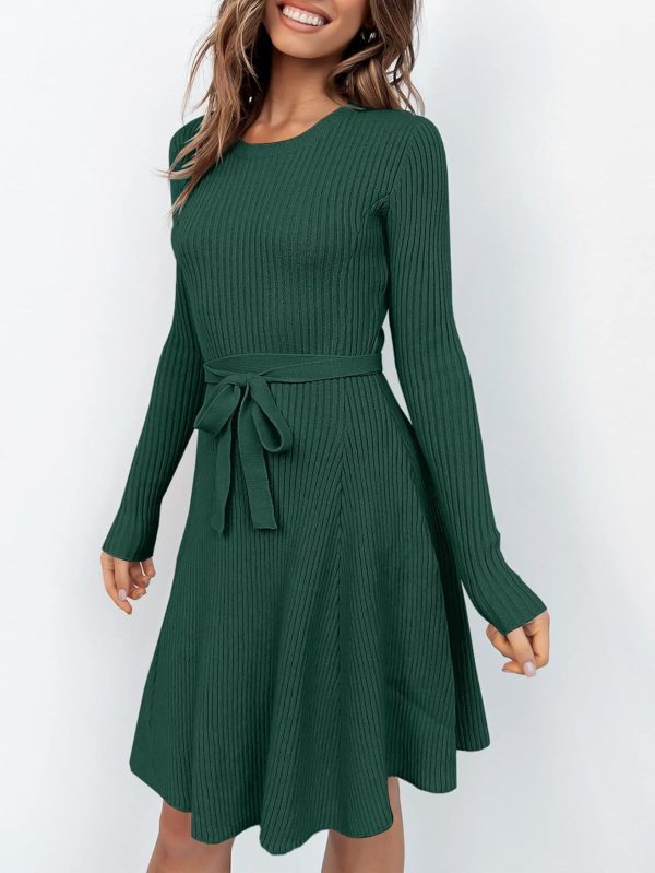 ANRABESS Women's Long Sleeve Midi Dress Crewneck Tie Waist A-Line Swing Casual Bodycon Ribbed Knit 2025 Fall Sweater Dress - Image 102