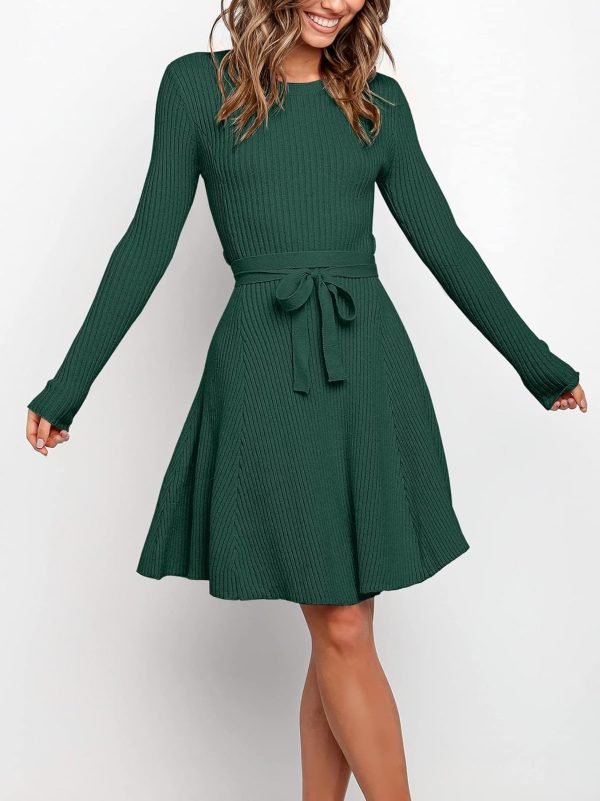 ANRABESS Women's Long Sleeve Midi Dress Crewneck Tie Waist A-Line Swing Casual Bodycon Ribbed Knit 2025 Fall Sweater Dress - Image 103