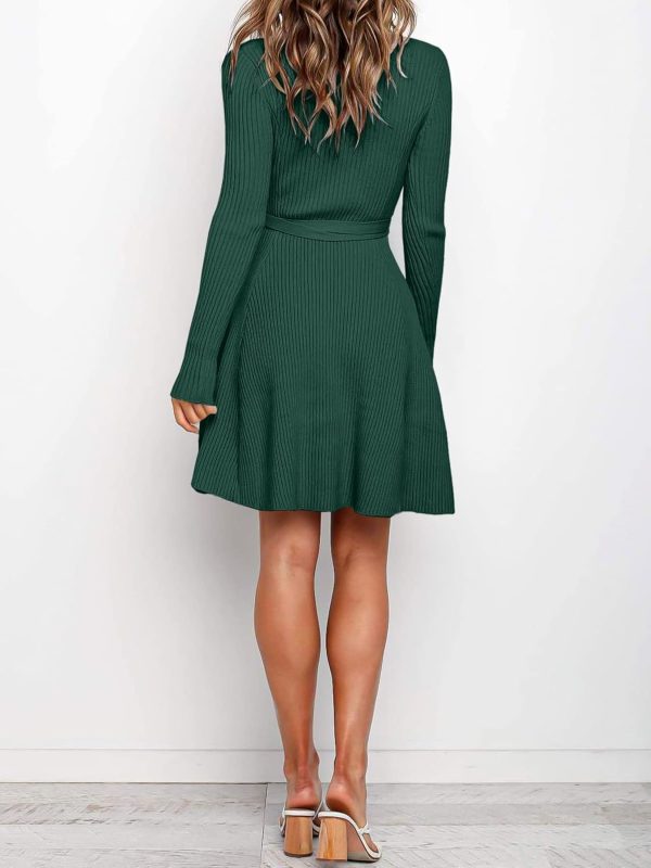 ANRABESS Women's Long Sleeve Midi Dress Crewneck Tie Waist A-Line Swing Casual Bodycon Ribbed Knit 2025 Fall Sweater Dress - Image 104